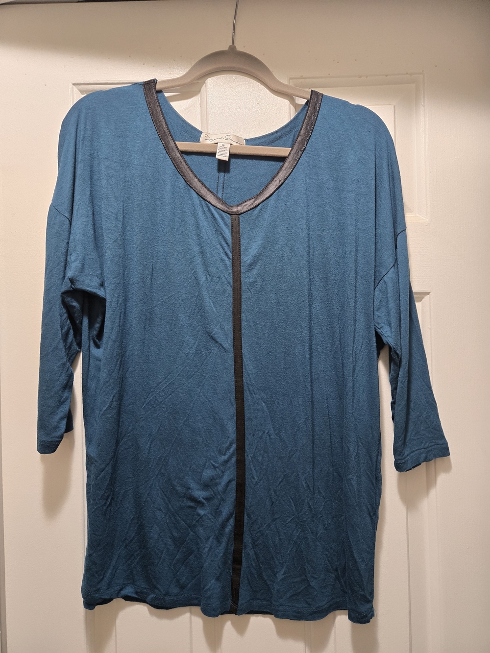French Connection Teal Long-Sleeve V-Neck Top with Black Trim